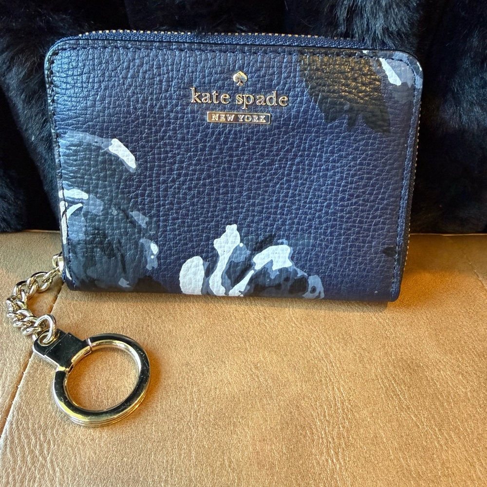 kate spade navy floral zip key & card holder with gold hardware